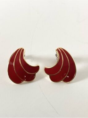 Napier Wing Style Gold Tone Red Enamel Inlay Post Earrings Vintage